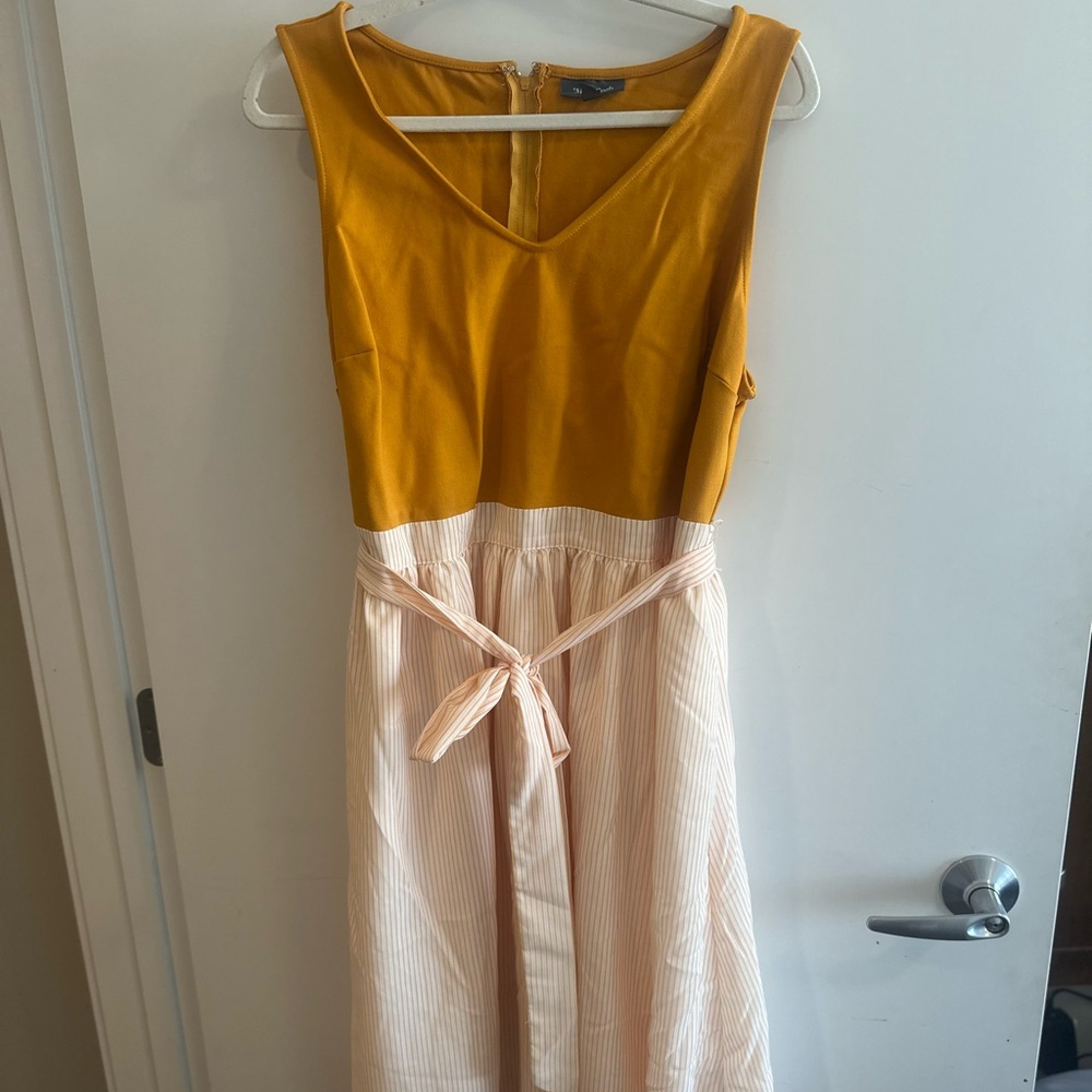 ModCloth Mustard and Cream Color Block Tie Front Midi Dress